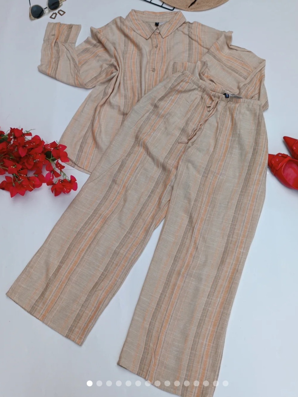 H&M Beige and Soft Orange Striped Wide-Leg Pants & Top
